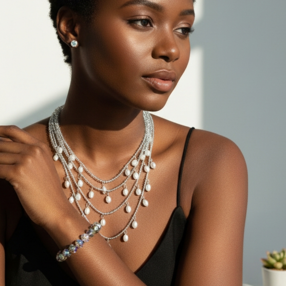 Silver white pearl and cz Drape Necklace